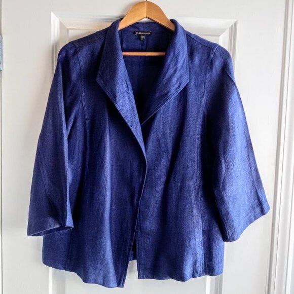 Eileen Fisher Blue Linen Blend Fan Back Open Jacket - Picture 1 of 5